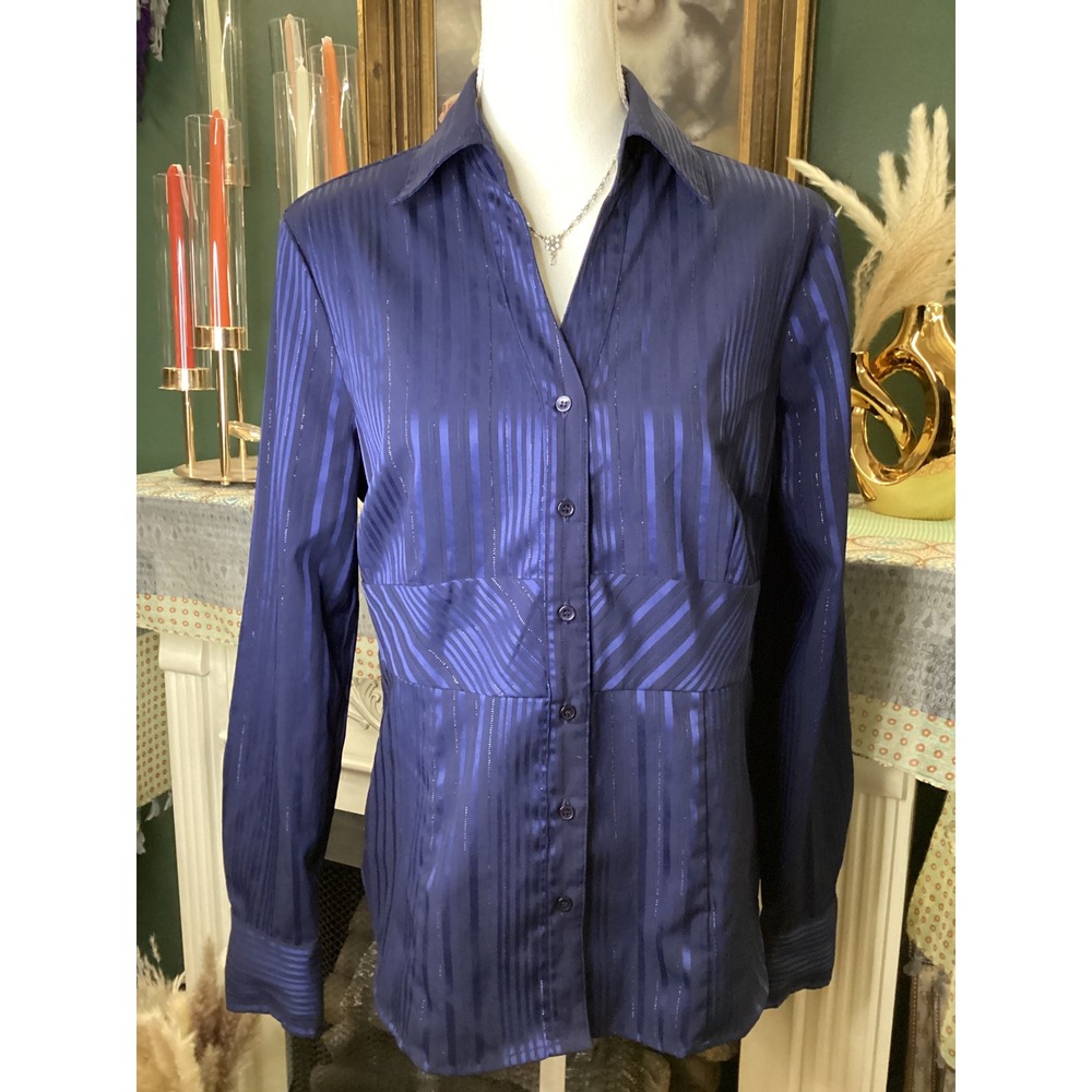 Fred‎ David Navy Blue Metallic Striped Button Down Blouse Stretch L W2U014